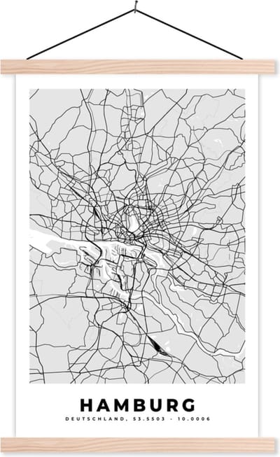 Posterhanger incl. Poster 40x60 cm - Schoolplaat - Plattegrond - Duitsland - Hamburg - Kaart - Stadskaart - Textielposter - Blanke latten - Stadskaart