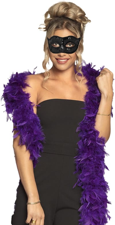Boland Venetiaans oogmasker in het zwart - Met dikke veren Boa in het paars - 180 cm - Dames - Carnaval