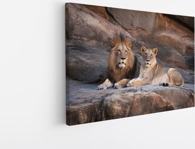 Saammp Canvas Schilderij - Leeuw en Leeuwin op Rotsen - Dieren - Natuur - 45x30 - Foto op canvas - Wanddecoratie - Muurdecoratie Woonkamer - Slaapkamer decoratie - Canvas Print