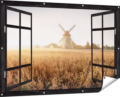 Gards Tuinposter Doorkijk Windmolen in het Veld - 150x100 cm - Tuindoek - Tuindecoratie - Wanddecoratie buiten - Tuinschilderij
