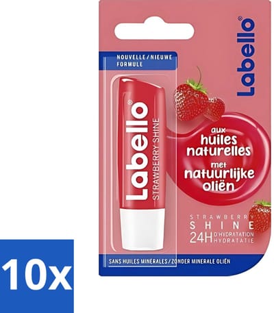 Labello - Fruity Shine Strawberry - Lippenbalsem - Aardbei & Glans - 5.5 ml - Bulkverpakking - 10 stuks
