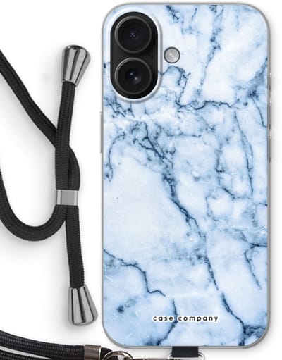 Case Company® - Hoesje met koord geschikt voor iPhone 16 hoesje met Koord - Blauw marmer - Telefoonhoesje met Zwart Koord - Bescherming aan alle Kanten en Over de Schermrand