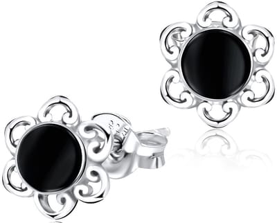 Joy|S - Zilveren classic bloem oorbellen jet black 8 mm