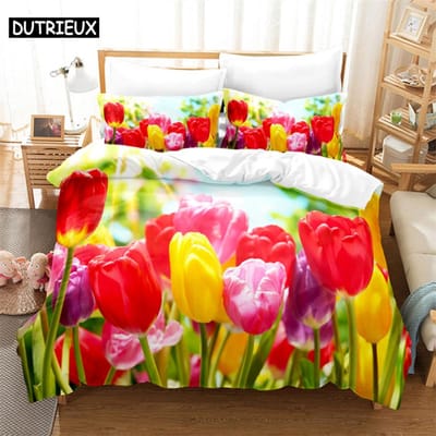 3D Tulp Bloemenprint Dekbedovertrek Set - 3 Delen Verkrijgbaar In Twin, Double En King Maten AU Single(140*210cm)3pcs