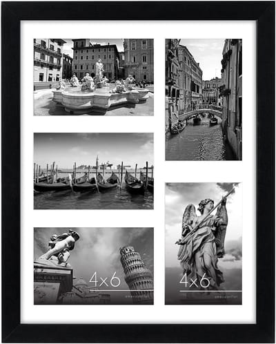 Fotolijst 11x14 inch - Zwart | 5 openingen voor 4x6 inch foto's | Met breukvast glas | Multidiafragma collageslijst | Horizontaal en verticaal geschikt | Elegant interieuraccessoire | Gemakkelijk te hangen | Perfect voor familiefoto's, collages