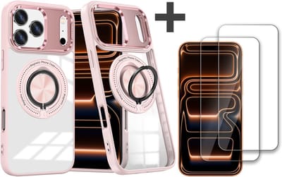 Hoesje Geschikt voor iPhone 17 Pro Max Arara hoesje voor Magsafe Transparant hard case - kickstand Draaibare Ring Houder met 2 stuks screenprotectors - Rosegoud
