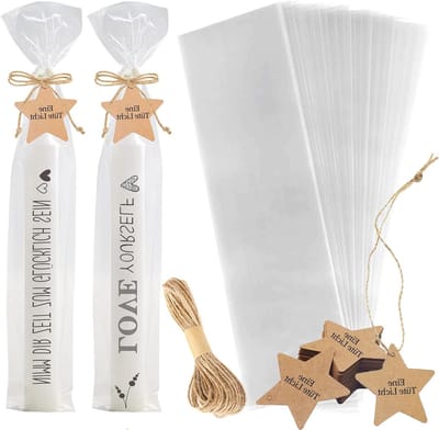 100 Stuks OPP Cellofaanzakjes 32 x 10 cm met Kraftpapieren Hangers en Jute Koord voor Cadeaus, Kaarsen en Feestdagen