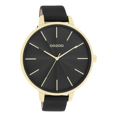 OOZOO Timepieces - Goudkleurige OOZOO horloge met zwarte leren band - C11259