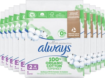 Always Cotton Protection - Long - Maandverband Met Vleugels - Voordeelverpakking 10 x 9 stuks