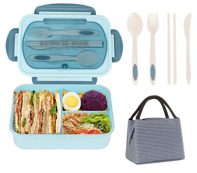 Bento Box voor Volwassenen - 1200ml Lekvrij met Bestek - BPA-vrij Magnetronbestendig - 3 Vakken - Blauw - 1 Stuk