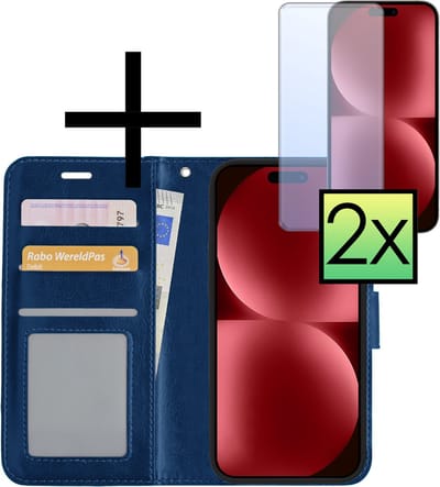 Hoesje - Met 2x Screenprotector - Geschikt voor Apple iPhone 15 - Luxe Pasjeshouder - Bookcase Portemonee - Flip Case - Kunstleer Book Case - Flipcase Hoes - Book Cover - Walletcase - Portemonneehoes - Donkerblauw