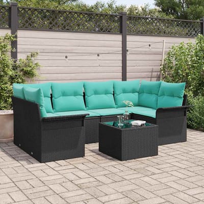 vidaXL - Tuinbank - Set - 7 - st - Zwart - en - Turkoois - poly - rattan