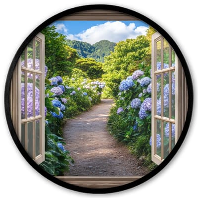 Poster in lijst Rond - Fotolijst 40x40 cm - Posters - Doorkijk - Hortensia - Pad - Natuur - Ronde posterlijst zwart - Decoratie - Wanddecoratie woonkamer - Muurdecoratie slaapkamer