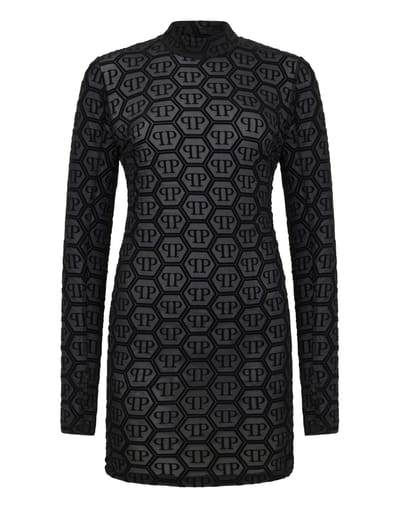 Tulle Long-Sleeved Mini Dress Monogram Jacquard