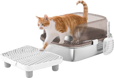 ECTEATOY®Extra Grote Kattenbak van Roestvrij Staal met Hoge Rand - Inclusief Schepje & Uitloopmatje - Geurvrij - Makkelijk Schoon te Maken - Grijs