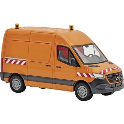 Busch 54008 H0 Bus Mercedes Benz Sprinter korte wielbasis hoog dak, oranje met wit/rode waarschuwingsstrepen