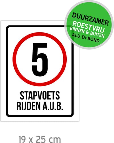 Pictogram/ bord Dibond | 5 km/u - "Stapvoets rijden a.u.b." | 19 x 25 cm | Traag rijden | Gevaar | Recreatie | Roestvrij | 1 stuk