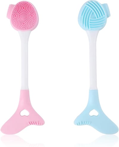 Famanu – Set van 2 siliconen gezichtsborstels – Dubbelzijdige exfoliator voor diepe reiniging en massage – Blauw & roze
