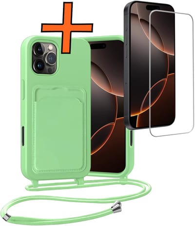 Hoesje Geschikt voor iPhone 16 Pro Hoesje Met Telefoonketting Pasjeshouder Case Met Screenprotector Koord - Hoesje Geschikt voor iPhone 16 Pro Hoes Met Kaarthouder - Groen