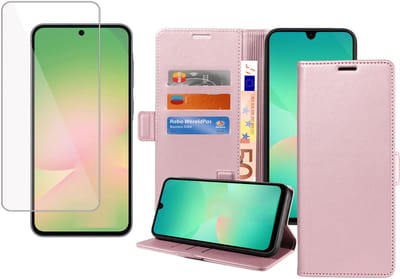 Book Case & Screenprotector geschikt voor Samsung Galaxy A17 5G / A26 Hoesje Screenprotector - Gehard Glas Cover + Magnetische Sluiting - Portemonnee Rose
