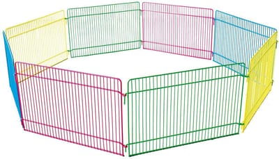 Konijnenren – knaagdierren – Flamingo Ren Meerkleurig – Ø84,5cm hoogte 23cm – 8 panelen – metaal – 1 deur met haaksluiting – opvouwbaar – voor kleine knaagdieren – binnen en buiten