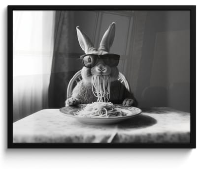 Poster in lijst - Fotolijst 70x50 cm - Posters - Konijn - Bunny - Zonnebril - Tafelkleed - Pasta - Schattig - Posterlijst zwart - Decoratie - Wanddecoratie woonkamer - Muurdecoratie slaapkamer