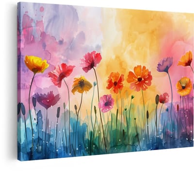 Artaza Canvas Schilderij Bloemen - 60x40 cm - Wanddecoratie Aquarel - Muurdecoratie Kleurrijk Bloemenveld - Decoratie Woonkamer - Schilderijen Op Canvas