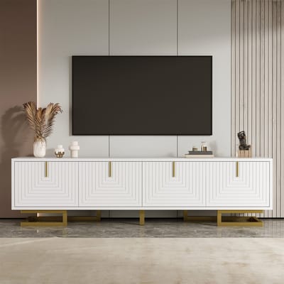 Wishdor Tv-Meubel - Lowboard Met Structuurdeuren - 4 Deuren Met Opbergvakken - Gedempte Scharnieren - Spaanplaat - Wit - 160 X 38 X 44,5 Cm