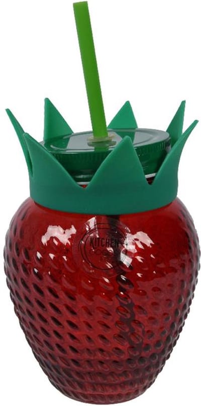 Decoris Drinkbeker Aardbei met rietje glas rood 450ml dia.10x13cm NIET vaatwasserbestendig