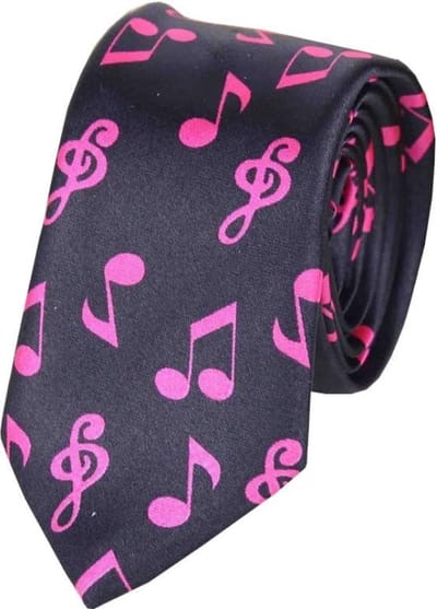 Fako Fashion - Skinny Stropdas - Smal - 5cm - Print - 145cm - Muzieknoten Zwart/Fuchsia