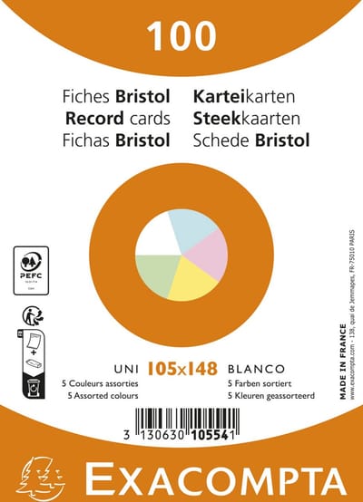 Exacompta 20x Pak 100 steekkaarten onder krimpfolie - Bristol UNI niet geperforeerd 105x148mm - Geassorteerd - 10554E