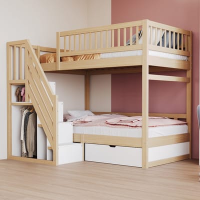 Wishdor Etagenbed 90 x 200 cm – Opbergtrap en Opbergladen – Modern en Ruimtebesparend – Hoge Veiligheidshekken – Inclusief Lattenbodems – Geschikt voor Kinder- en Tienerkamer – Massief Grenenhout – Grijs