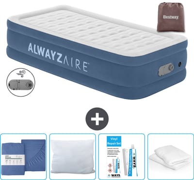Bestway Alwayszair luchtbed - 1-Persoons - 97 x 191 x 46 cm - Blauw - Inclusief pomp - Hoeslaken - Kussen - Kussenbeschermer en Reparatieset