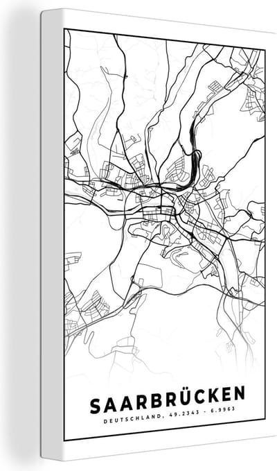 Canvas Schilderij Saarbrücken - Plattegrond - Stadskaart - Kaart - 20x30 cm - Wanddecoratie
