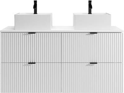 Vente-unique Zwevend badkamermeubel met geribbelde afwerking en vierkante opzetwastafel - Mat wit - 120 cm - ZEVINI