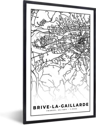 Fotolijst incl. Poster Zwart Wit- Kaart - Brive-la-Gaillarde - Plattegrond - Frankrijk - Stadskaart - Zwart wit - 40x60 cm - Posterlijst