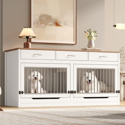 Sweiko Dierenbench - Hondenhok - 3 lades - Klapdeksel - XXL-formaat - 164 × 60 × 81 cm - Wit + Naturel