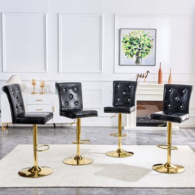 Wishdor Vintage Barkrukken - Zwarte Set Van 4 - Met Kristalknopdetails - Waterafstotend PVC - Voor Eethoek En Bar
