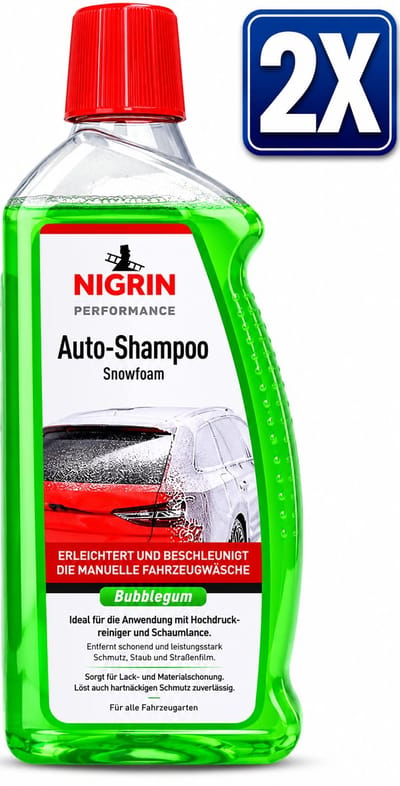 NIGRIN Auto Snowfoam 1 Liter Schuimshampoo met Bubbelgum-Geur - Set van 2 Flessen (2 L Totaal) - Voordeelverpakking Auto Schoonmaakmiddel