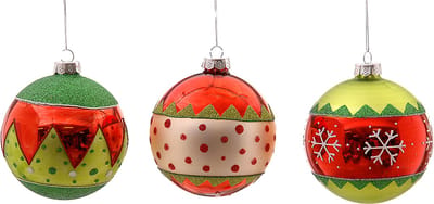 Viv! Christmas Kerstbal - Elfen Thema met Glitter en Patronen - set van 3 - glas - groen rood wit - Ø10cm