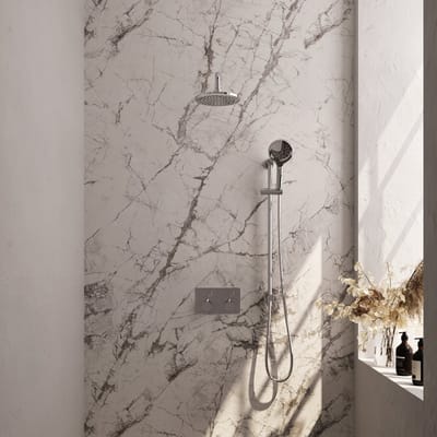 Brauer Chrome Edition thermostatische inbouw regendouche met drukknoppen SET 69 met 20 cm douchekop en gebogen muurarm en 3-standen handdouche en doucheslang en geïntegreerde glijstang chroom