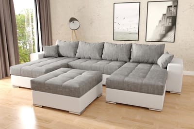 Hoekbank Best Met hocker - wit pu en grijs stof - Hoeksalon met bed en opbergruimte - Hoekzetel wooneiland inclusief poef ' met slaapfunctie en storage '