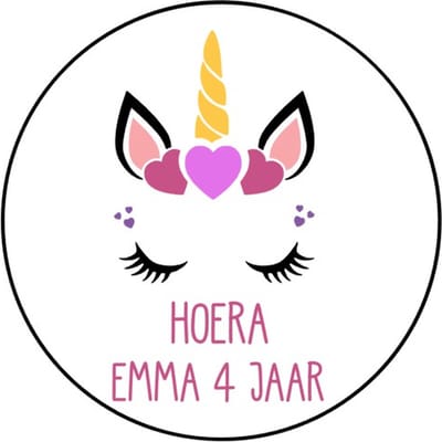 20x Unicorn gezicht Stickers Met Naam Leeftijd - Verjaardag Unicorn - Meiden - Eenhoorn - Gepersonaliseerd - Sluitstickers - Kinderfeest Traktatie - Uitdelen - Uitdeeltraktatie - Wensetiket - Rond - 40mm - Glossy sticker