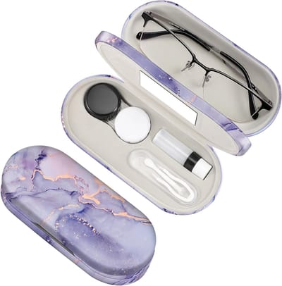 Dubbellaagse brillenkoker met spiegel, contactlenzenhouder en reisset voor brillen en lenzen