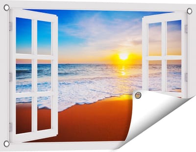 Gards Tuinposter Doorkijk Strand en Zee tijdens Zonsondergang - 60x40 cm - Tuindoek - Tuindecoratie - Wanddecoratie buiten - Tuinschilderij
