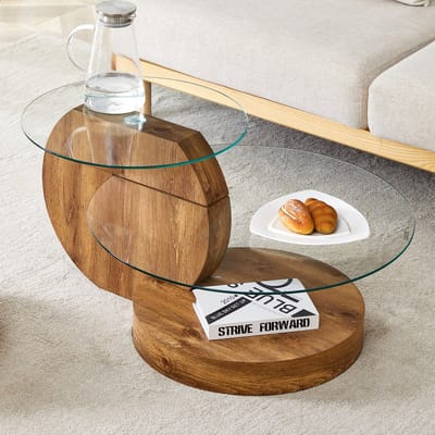 MODENUIT Salontafel - Gehard Glas Met Gelaagde Opbergruimte - Voor Woonkamer - MDF Met Houtlook - Transparant