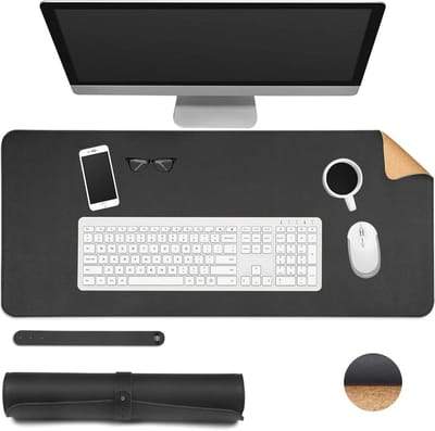Famanu – Dubbelzijdige bureaumat van kurk en kunstleer - antislip en waterdicht - afmetingen 70 x 30 cm - zwart - duurzaam materiaal - geschikt voor bureau - kantoor en werkplek - beschermt oppervlak tegen krassen en morsen