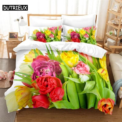 3D Tulp Bloemenprint Dekbedovertrek Set - 3 Delen Verkrijgbaar In Twin, Double En King Maten AU Double(180*210cm)3pcs