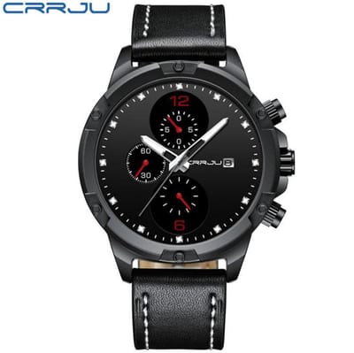 CRRJU Horloge 2142 – Zwart Rood – Heren – Quartz – 40 mm – Ronde Kast – Leren Band – Chronograaf – Waterbestendig – Sportief - Stoer - Casual