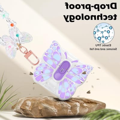Beschermhoes voor AirPods 4 met Sleutelhanger en Telefoonstandaard - Schokbestendig, Antistof en Geurvrij in Violet met Mooi Vlinderpatroon voor Vrouwen